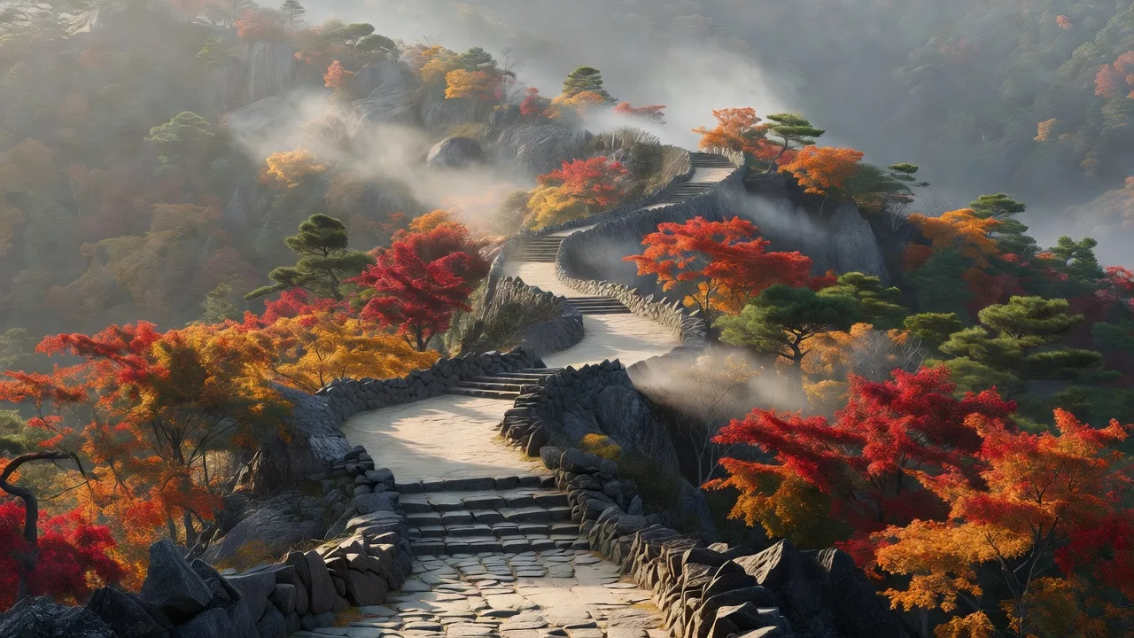 紅葉と石畳の稜線路