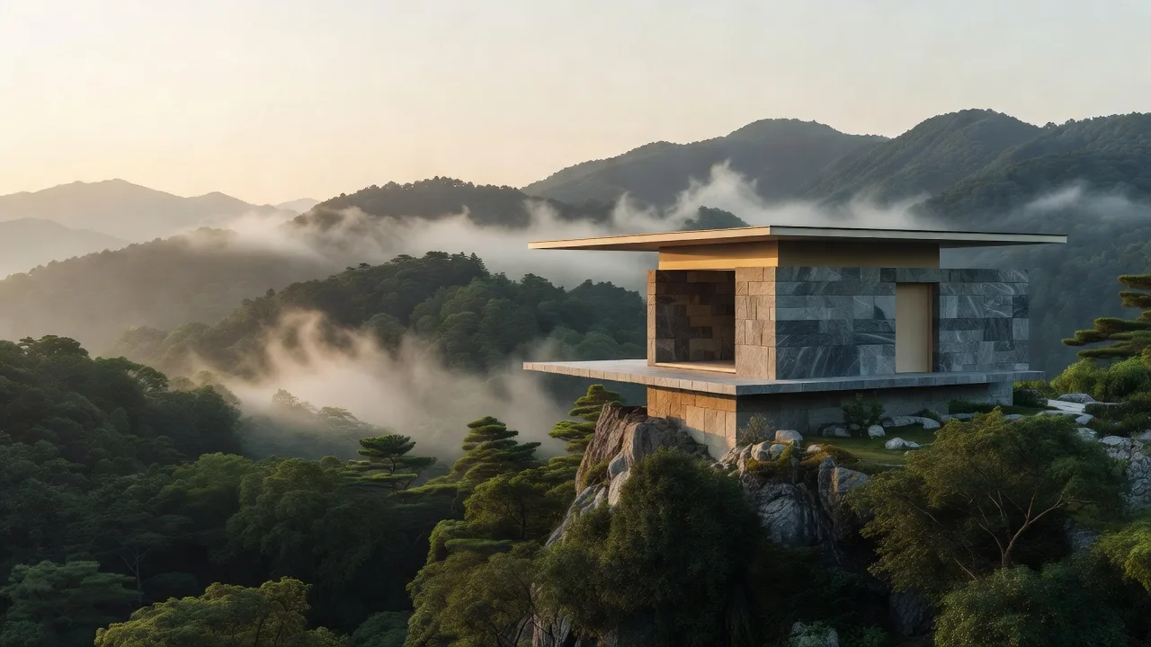 稜線上に建つ石造のパビリオン
